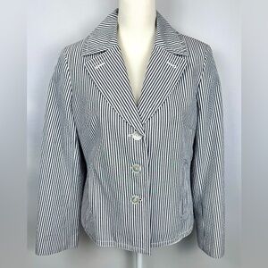 Talbots Seersucker Blazer Navy Blue White Pockets Lightweight 16 Petite Preppy